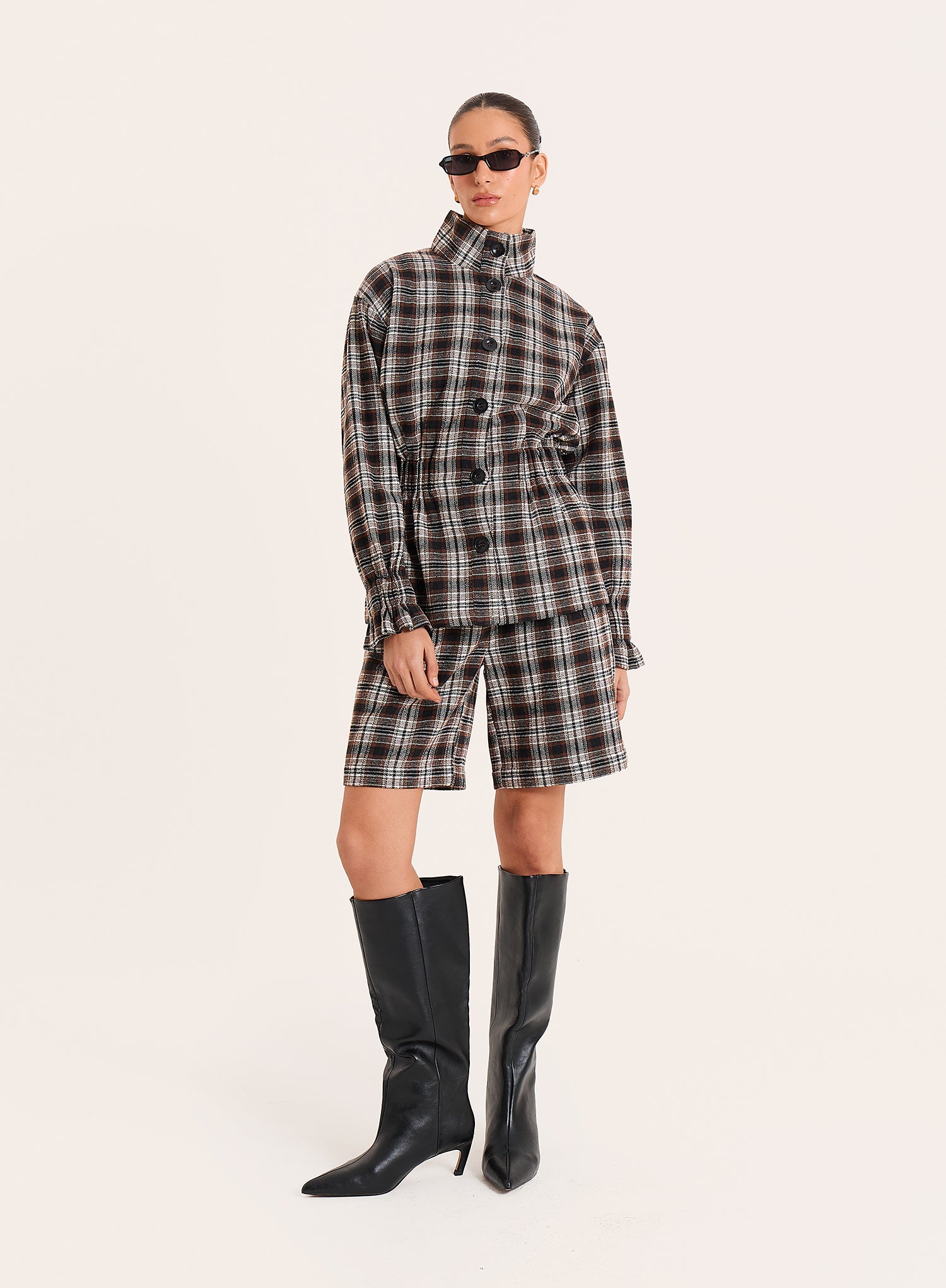 Brown Check Funnel Neck Cinched Waist Jacket